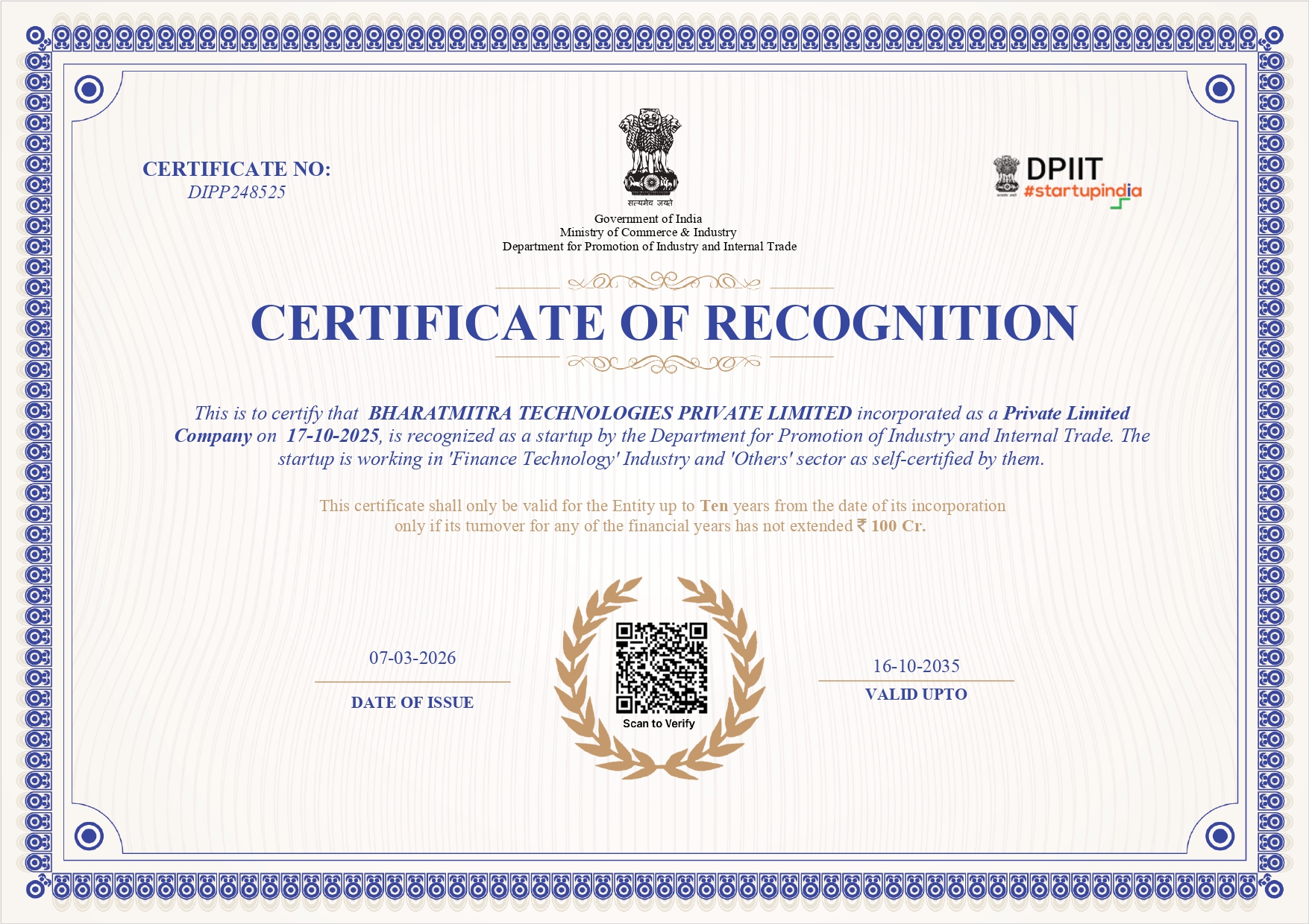 Startup India Certificate